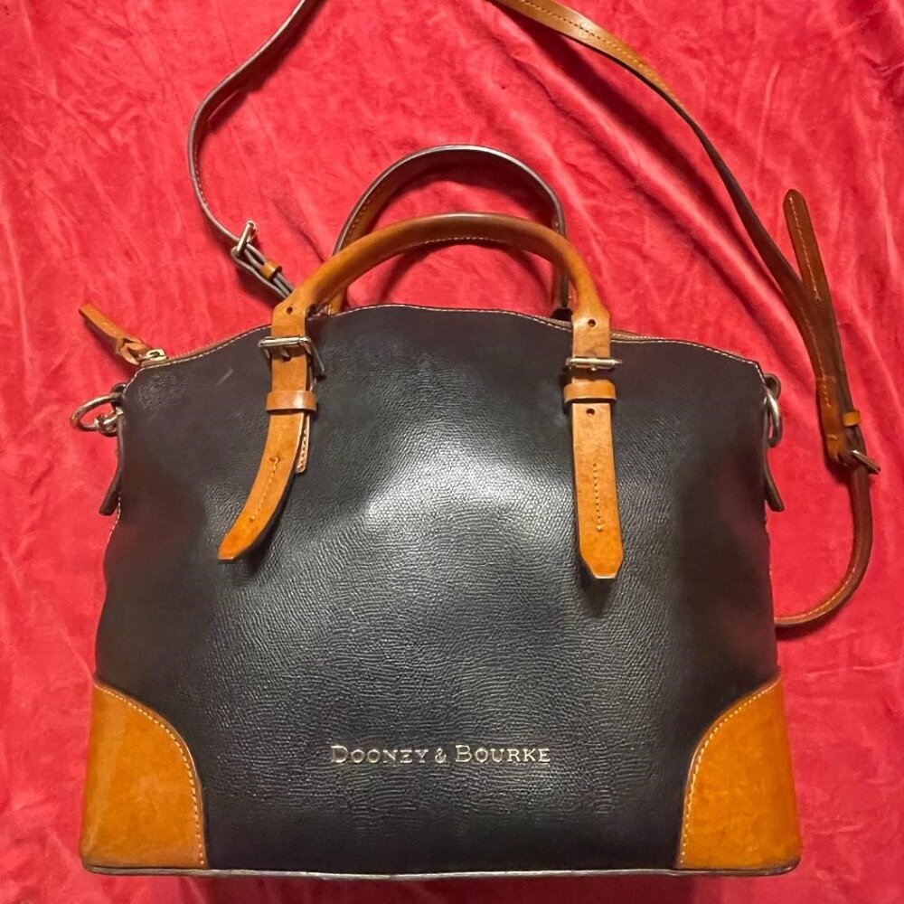 Dooney & Bourke Black & Cognac Saffiano Genuine Leather Large Dome Satchel